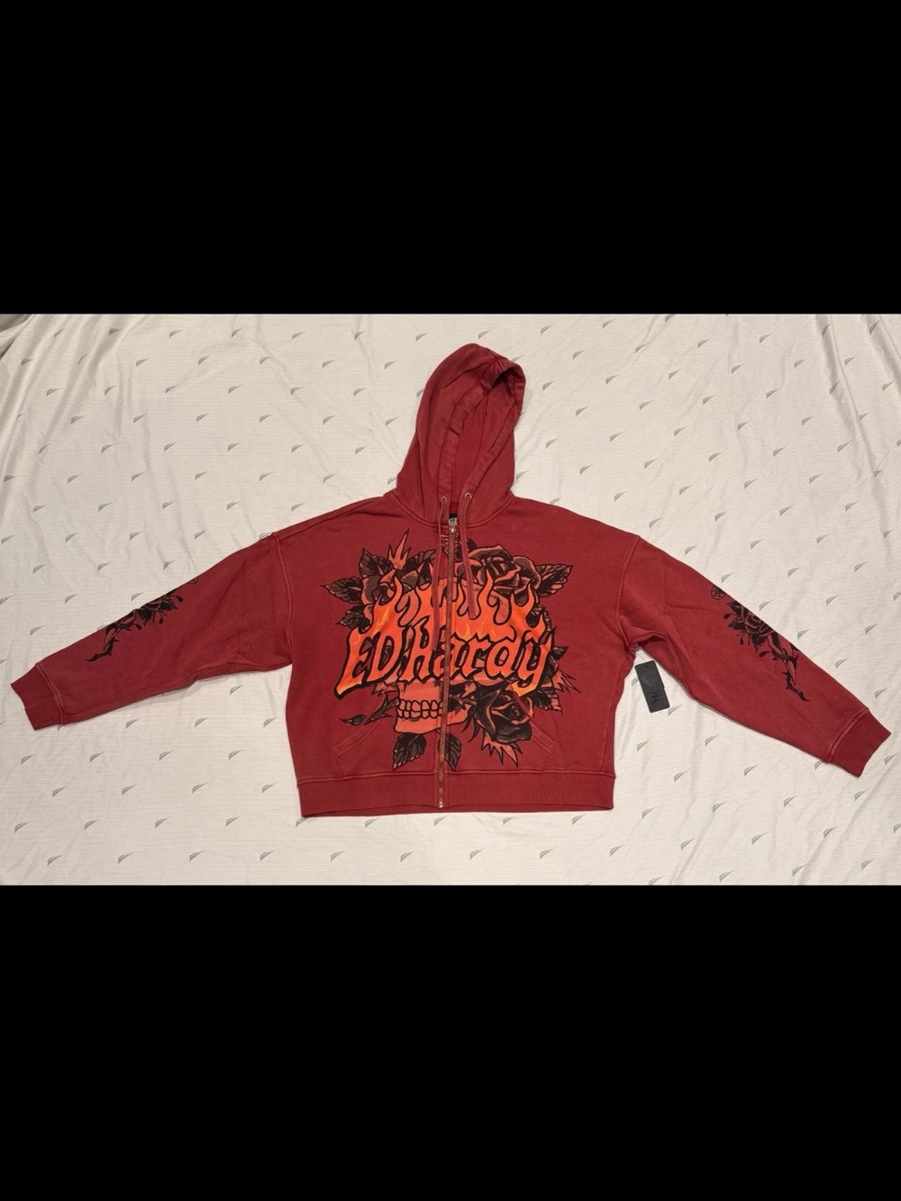Ed Hardy Red Cropped Graphic Zip Hoodie